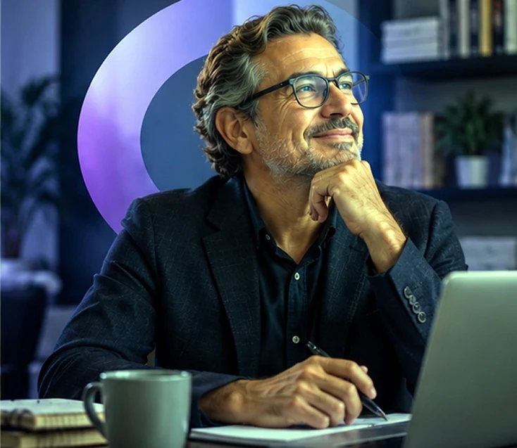 Retrato de ejemplo de un profesional con gafas y blazer oscuro